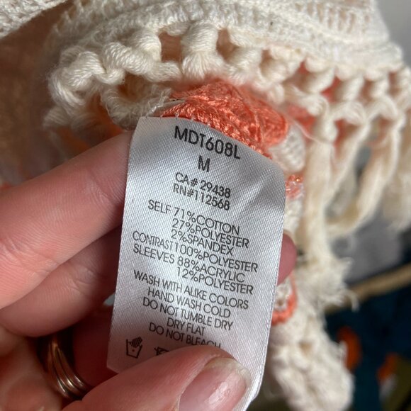 Miss Me Size Medium Stripe Knit Hooded Sweater Crochet Fringe Boho Gauze Cream - Picture 6 of 9